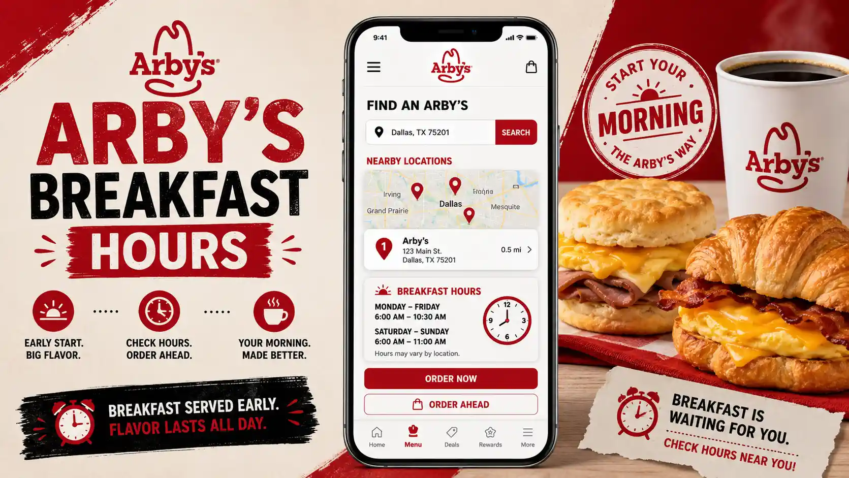 Arby's Breakfast Hours 2026: What Time Does Arby's Serve Breakfast? 1 Arby's breakfast hours sign at restaurant entrance